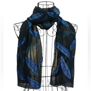 Vintage 1970’s Sheer Black Scarf with Shimmering Blue Leaf Motif